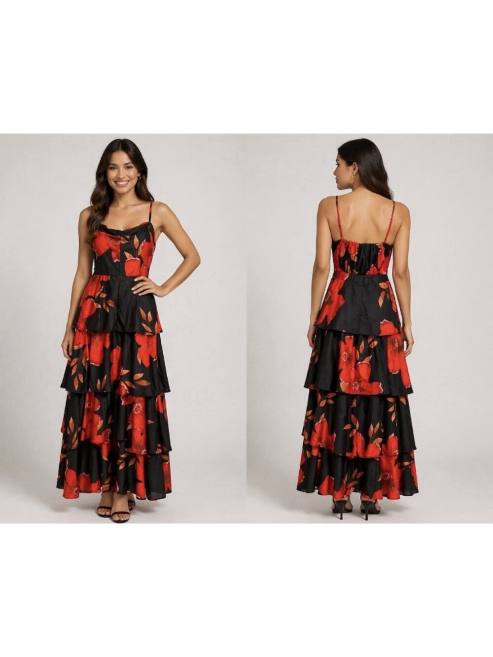Vincent XXL Tiered Floral Maxi Dress Black Red Garden Party Wedding NEW
